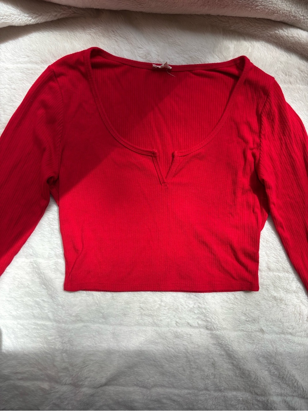 Women’s Red Ribbed Scoop Neck Long Sleeve Top